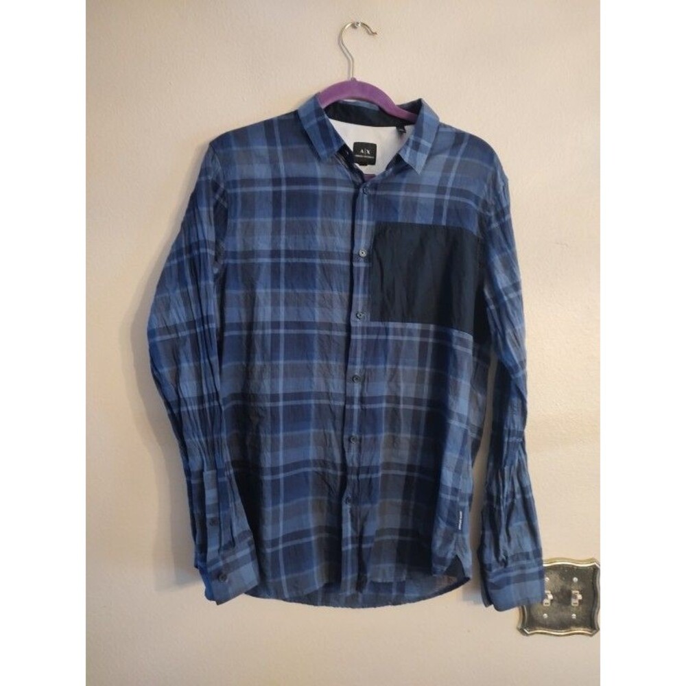 Men Armani Exchange Black Patchwork on Plaid Dark Blue Lightweight Shirt Size M